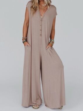 Three Bird Nest Taupe Wide-Leg Button-Front Jumpsuit